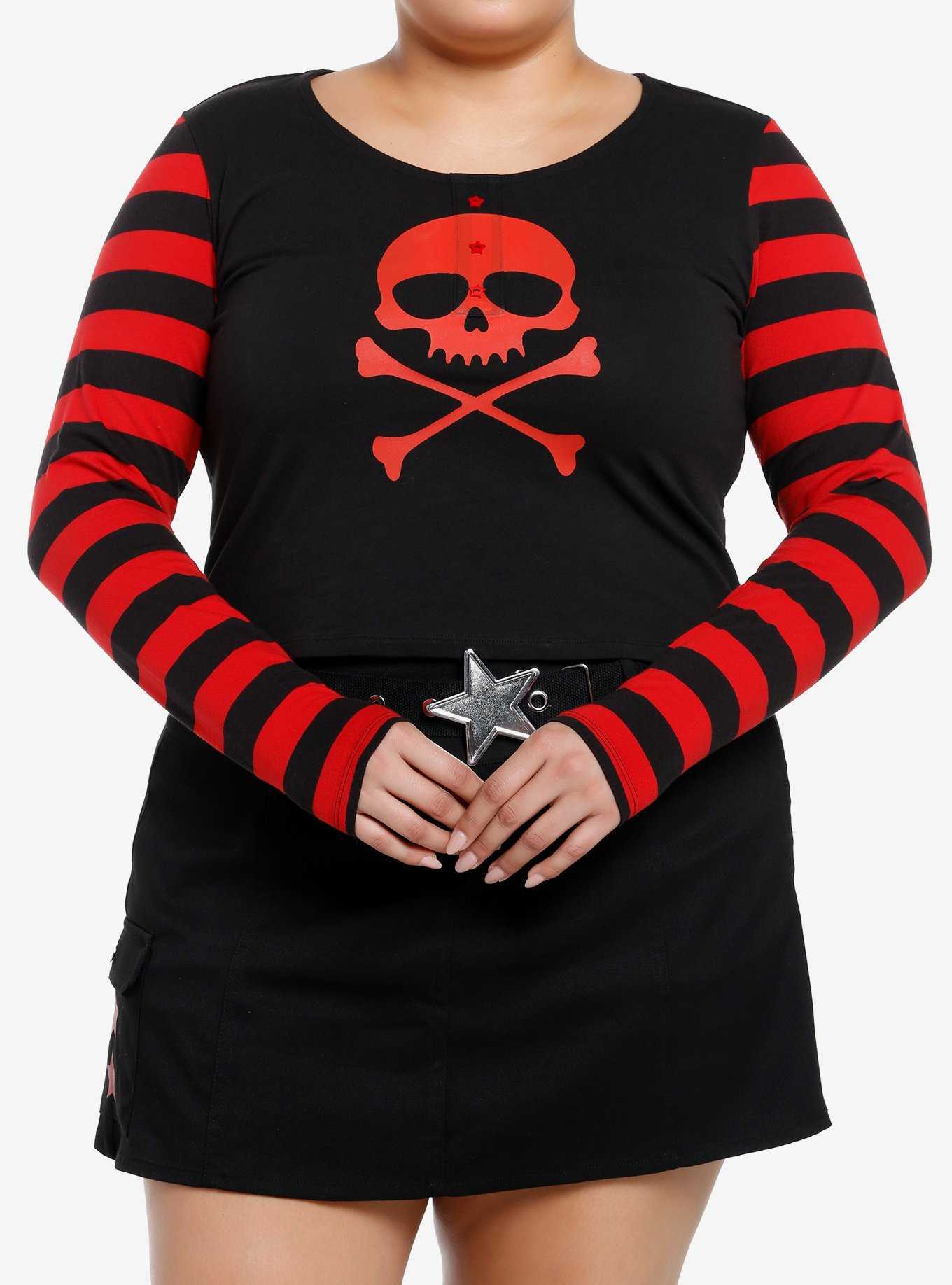 Social Collision Red Skull Striped Girls Long-Sleeve Top Plus Size, , hi-res