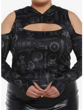 Cosmic Aura Taxidermy Cold Shoulder Girls Hooded Crop Top Plus Size, , hi-res