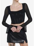 Cosmic Aura Black Corset Mesh Girls Long-Sleeve Crop Top, BLACK, hi-res
