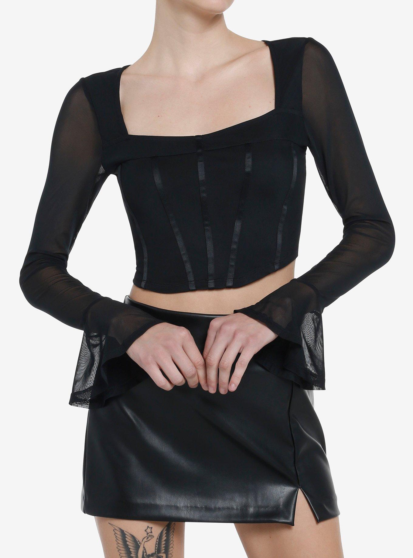 Cosmic Aura Black Corset Mesh Girls Long-Sleeve Crop Top, , hi-res