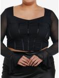 Cosmic Aura Black Corset Mesh Girls Long-Sleeve Crop Top Plus Size, BLACK, hi-res