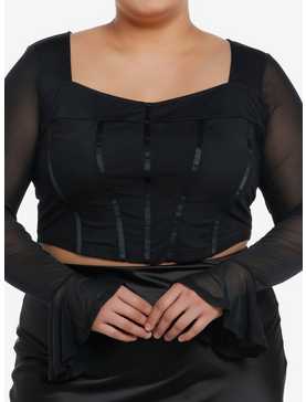 Cosmic Aura Black Corset Mesh Girls Long-Sleeve Crop Top Plus Size, , hi-res