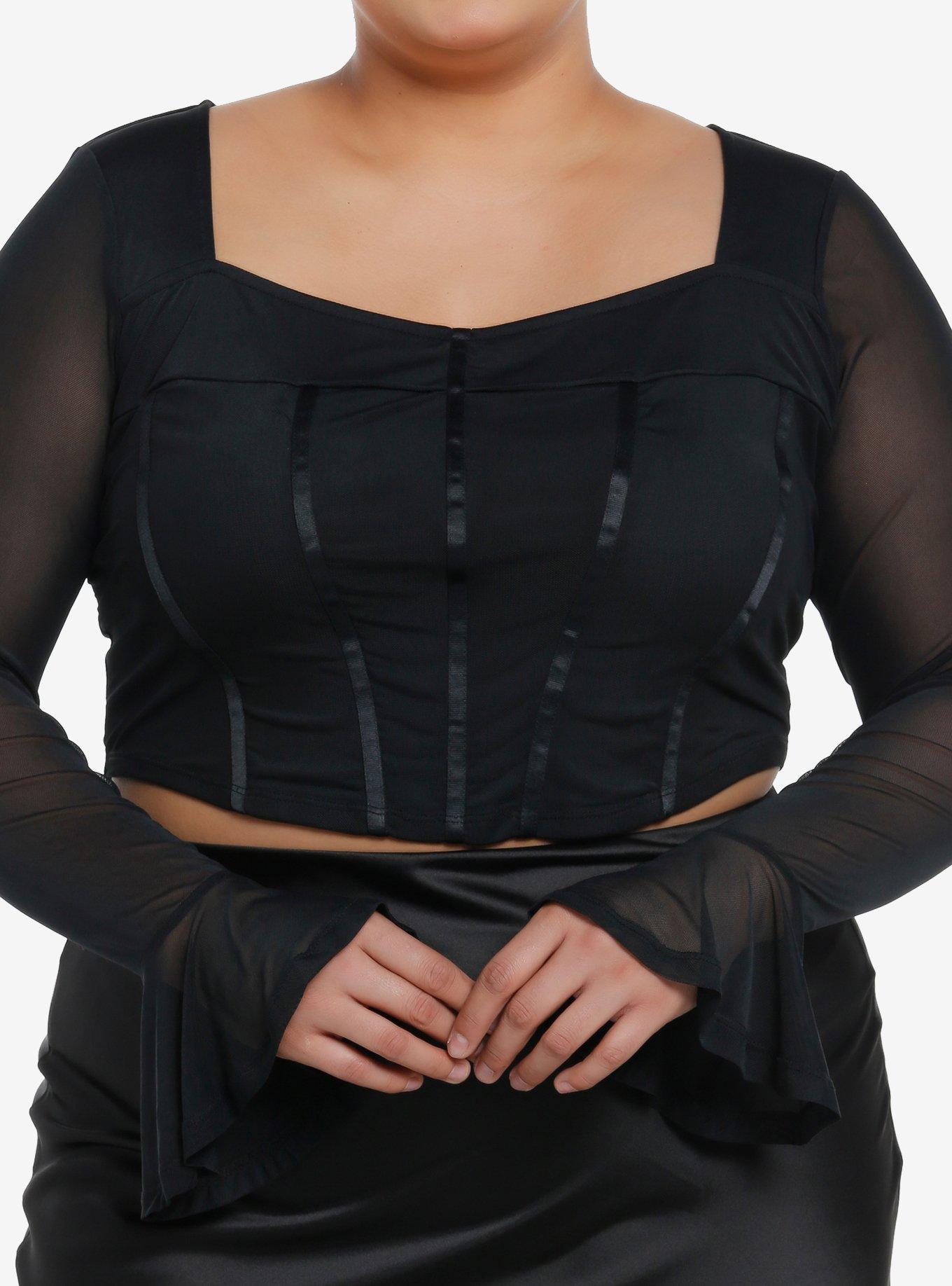 Cosmic Aura Black Corset Mesh Girls Long-Sleeve Crop Top Plus Size, BLACK, hi-res