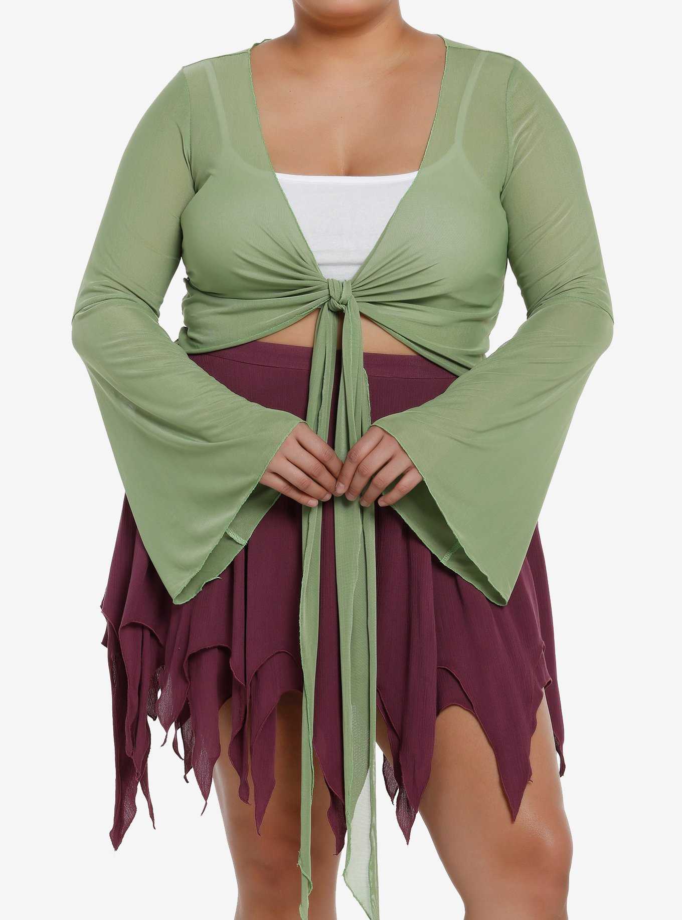 Thorn & Fable Green Mesh Girls Bell Sleeve Shrug Plus Size, , hi-res