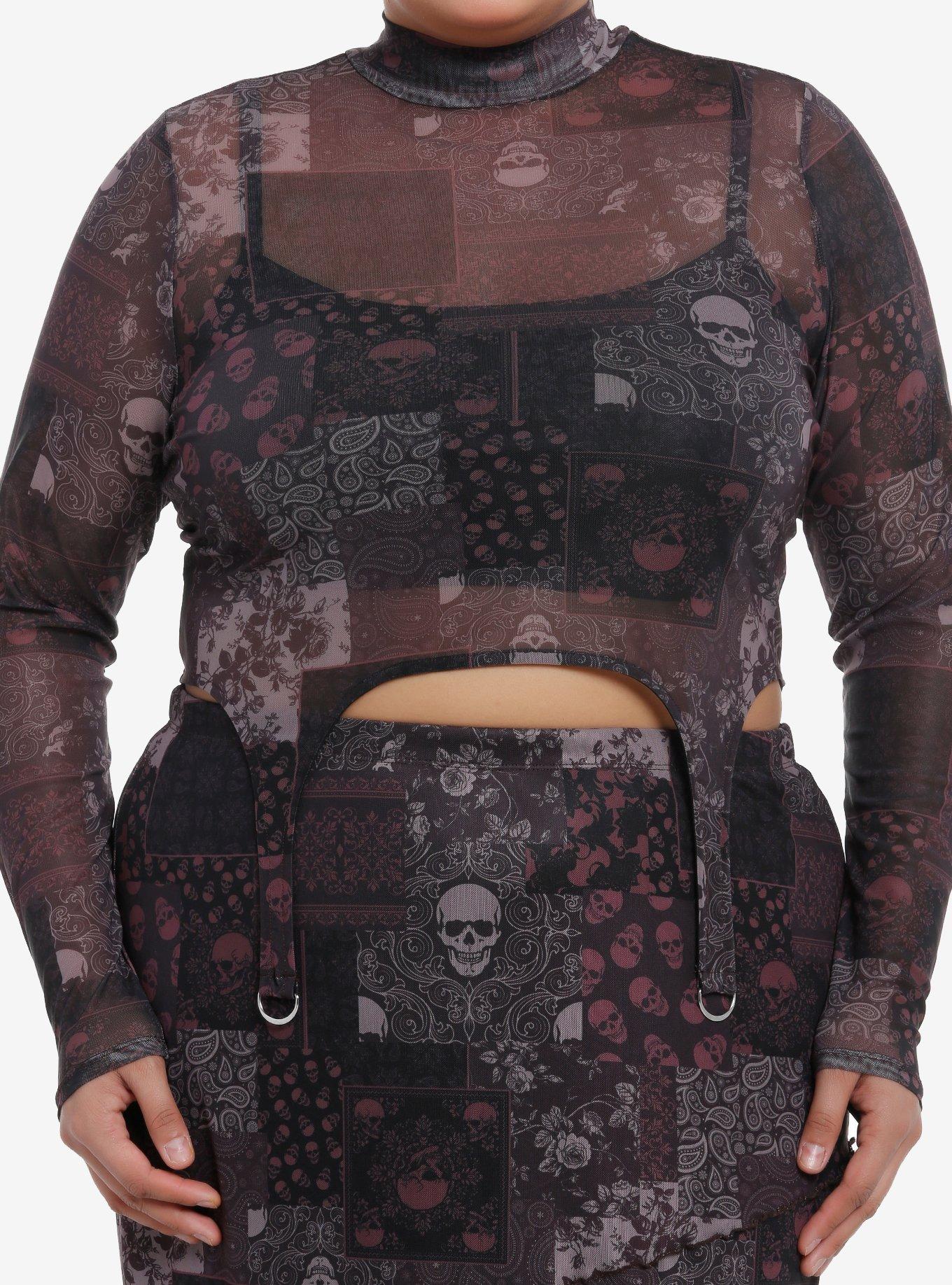 Social Collision Skull Paisley Patchwork Mesh Girls Turtleneck Plus Size, , hi-res