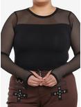 Social Collision Black Fishnet Panel Girls Long-Sleeve Top Plus Size, BLACK, hi-res
