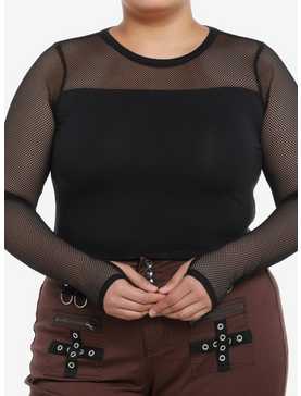 Social Collision Black Fishnet Panel Girls Long-Sleeve Top Plus Size, , hi-res