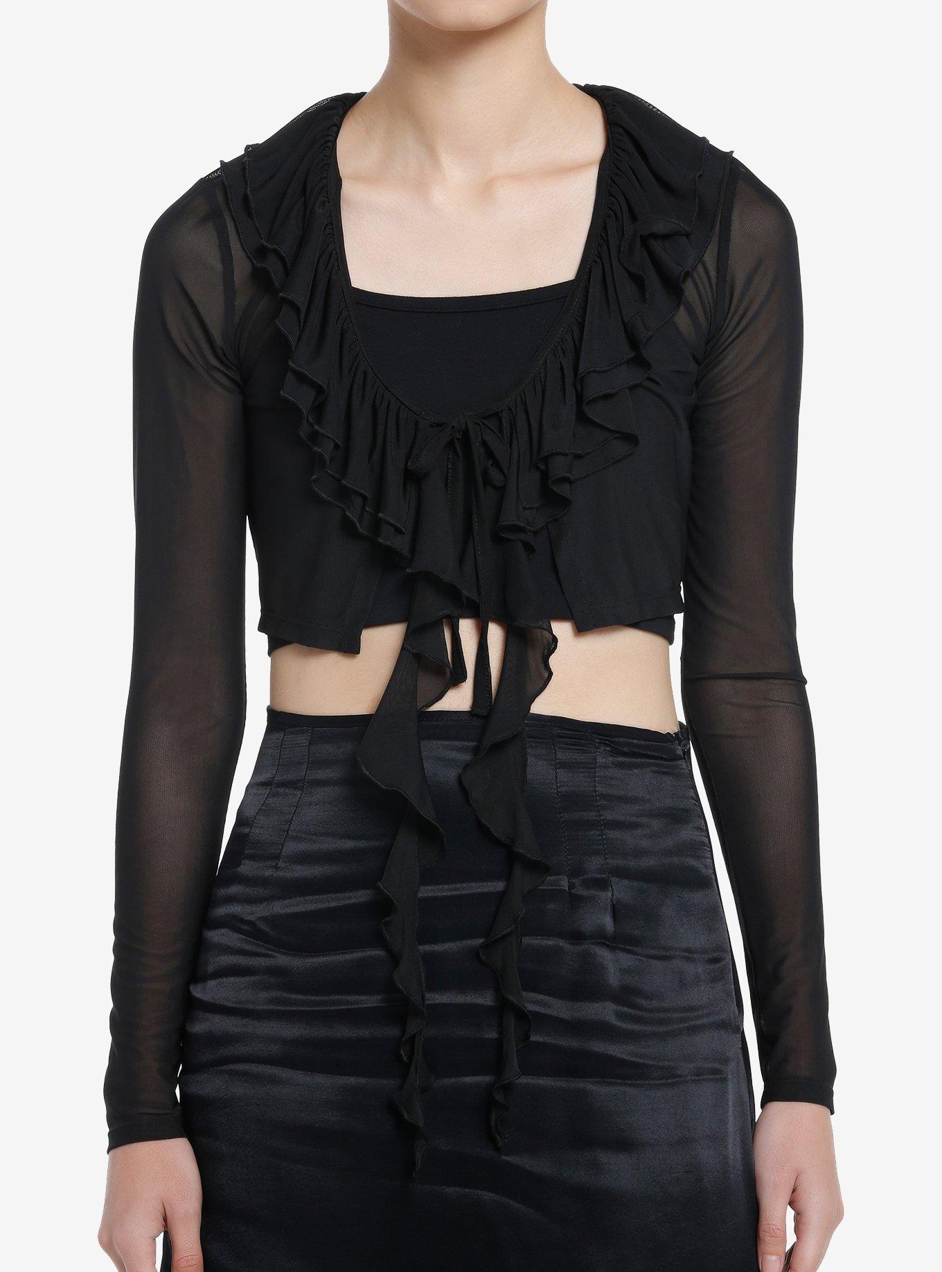 Social Collision Ruffle Tie-Front Girls Mesh Long-Sleeve Crop Top, , hi-res