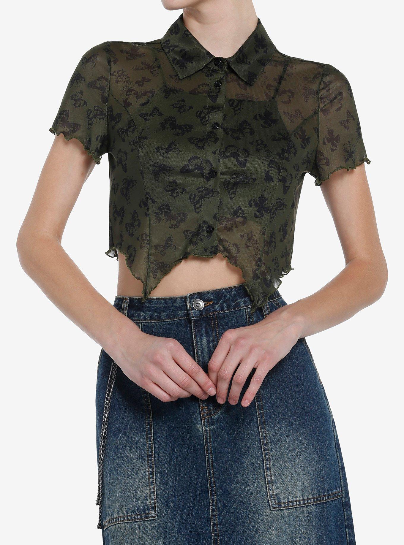 Social Collision Butterfly Mesh Jagged Hem Girls Crop Button-Up, , hi-res