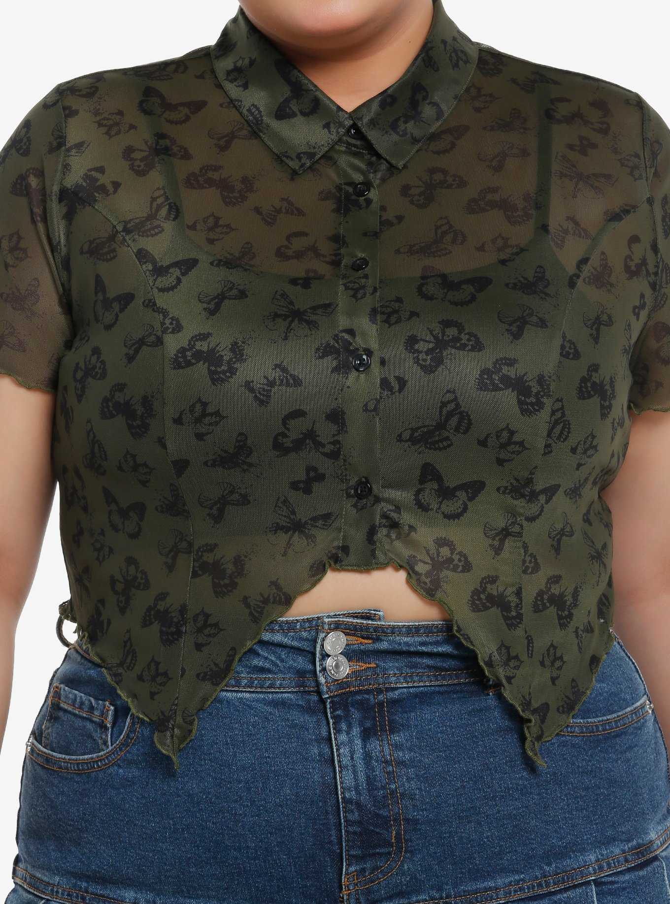 Social Collision Butterfly Mesh Jagged Hem Girls Crop Button-Up Plus Size, , hi-res