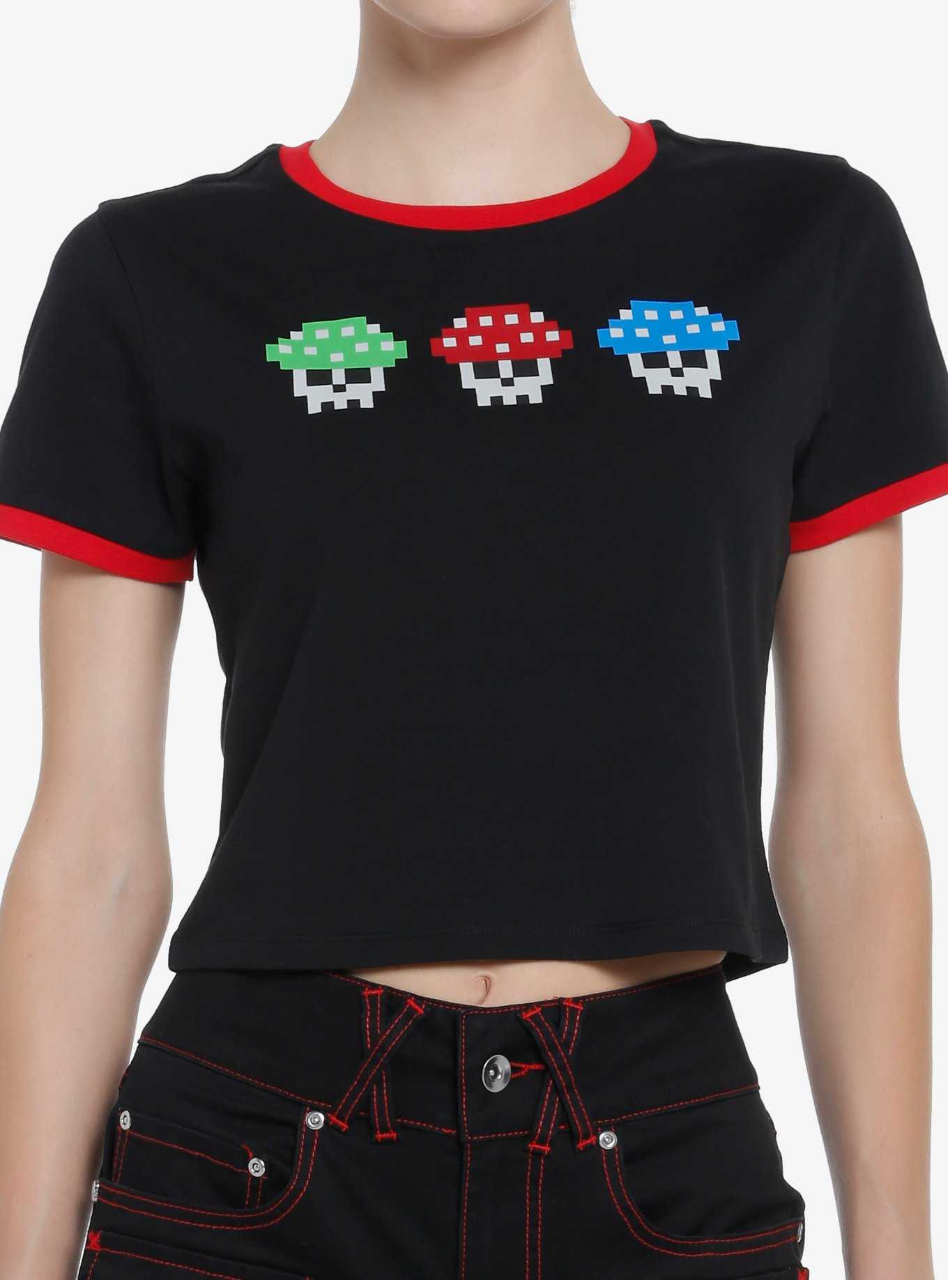 Social Collision Gamer Skull Mushroom Girls Ringer Crop T-Shirt, , hi-res