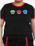 Social Collision Gamer Skull Mushroom Girls Ringer Crop T-Shirt Plus Size, RED, hi-res