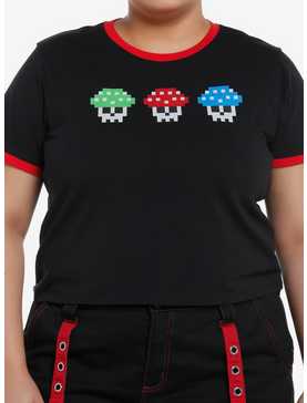 Social Collision Gamer Skull Mushroom Girls Ringer Crop T-Shirt Plus Size, , hi-res