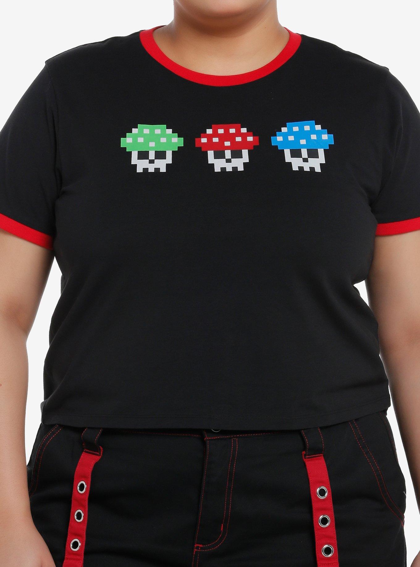 Social Collision Gamer Skull Mushroom Girls Ringer Crop T-Shirt Plus Size, , hi-res