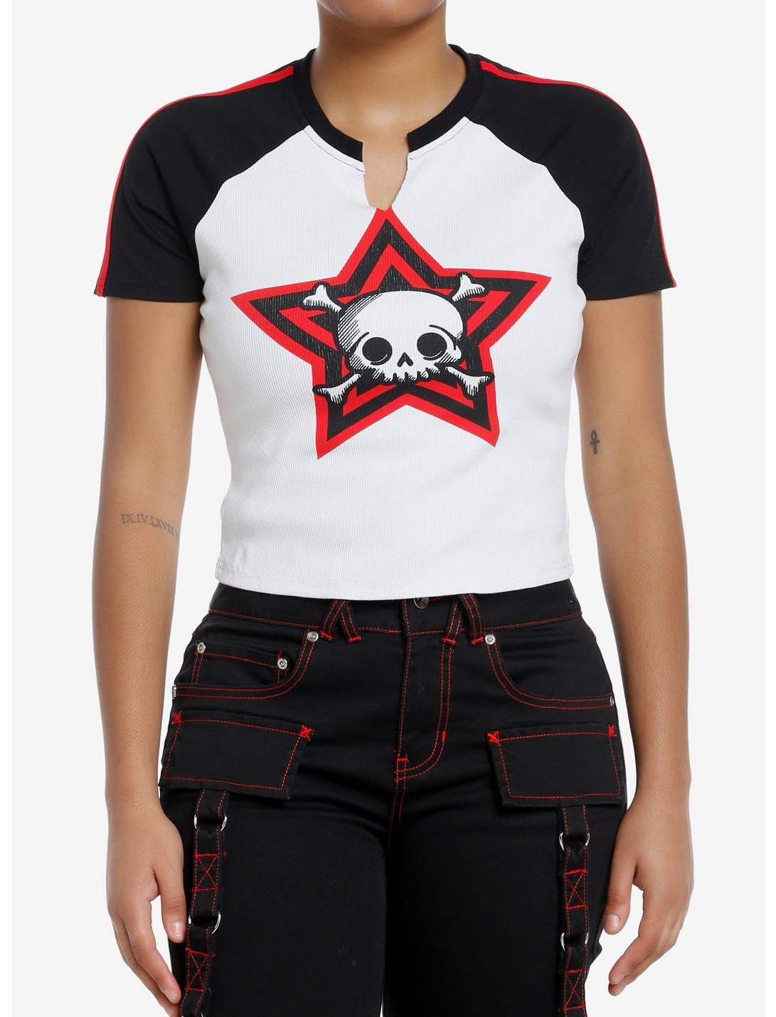 Social Collision Skull Stripe Girls Raglan Crop T-Shirt, BLACK, hi-res