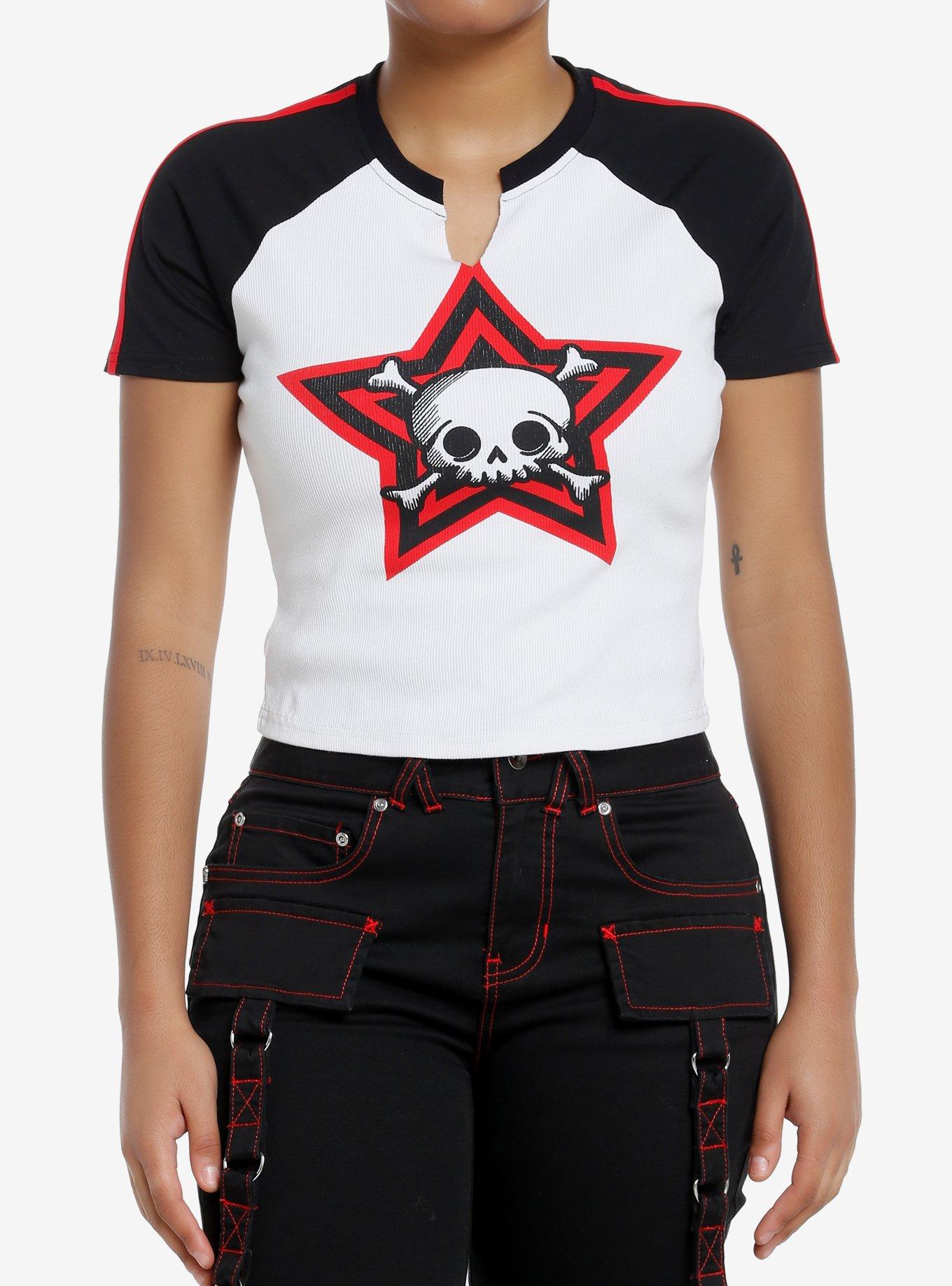 Social Collision Skull Stripe Girls Raglan Crop T-Shirt, , hi-res