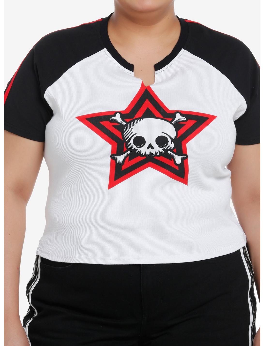 Social Collision Skull Stripe Girls Raglan Crop T-Shirt Plus Size, BLACK, hi-res