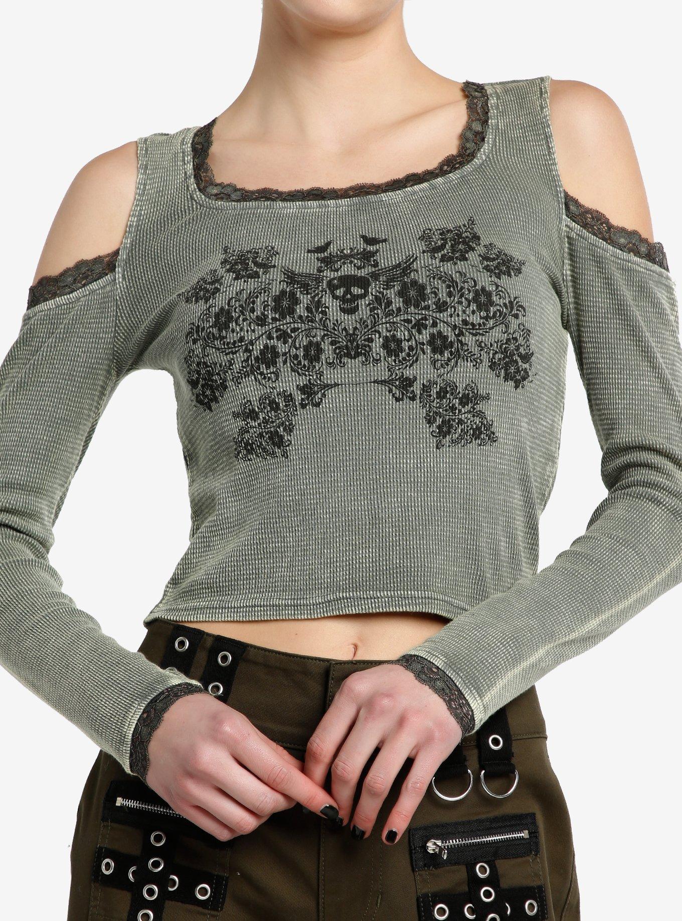 Social Collision Skull Floral Girls Cold Shoulder Long-Sleeve Top, , hi-res