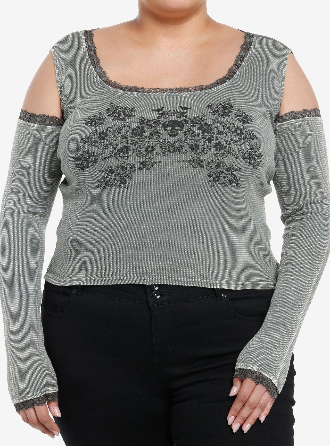 Social Collision Skull Floral Girls Cold Shoulder Long-Sleeve Top Plus Size, , hi-res