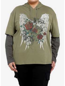 Social Collision Angel Wings Twofer Hooded Girls Long-Sleeve T-Shirt Plus Size, , hi-res