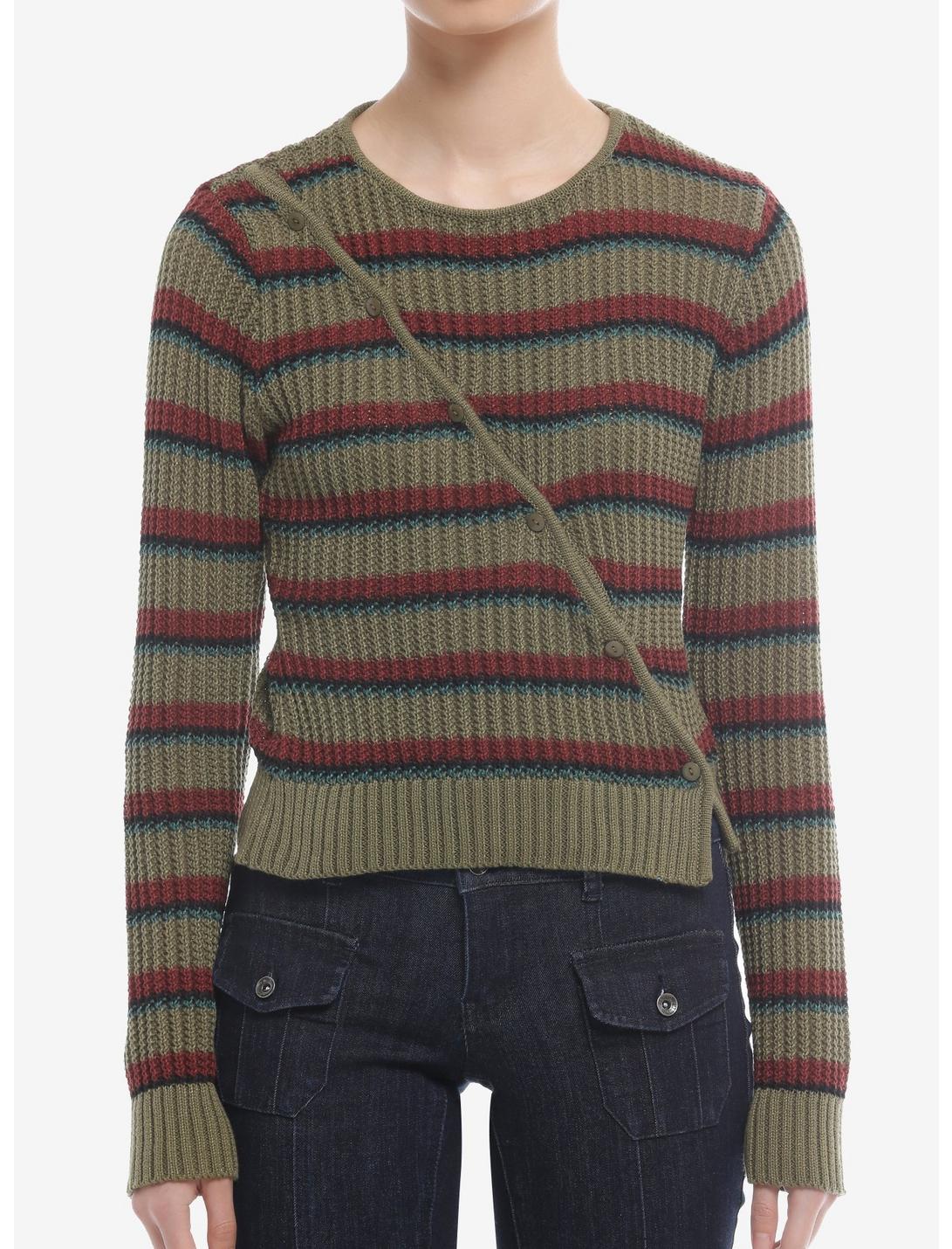 Daisy Street Brown & Green Stripe Asymmetrical Button Girls Sweater, MULTI, hi-res