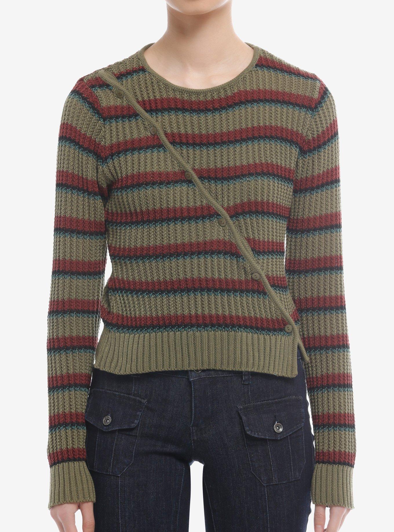 Daisy Street Brown & Green Stripe Asymmetrical Button Girls Sweater, MULTI, hi-res