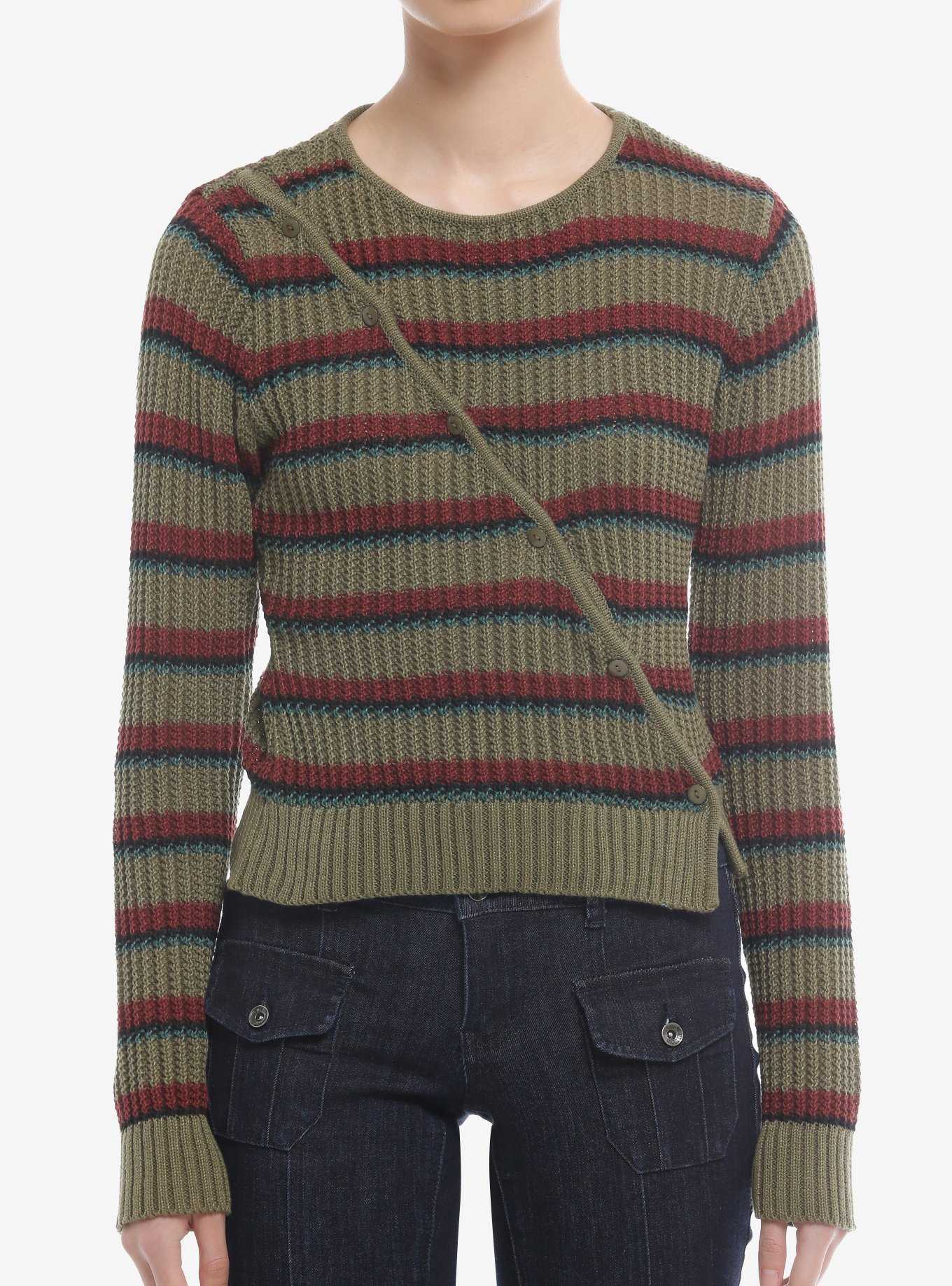 Daisy Street Brown & Green Stripe Asymmetrical Button Girls Sweater, , hi-res