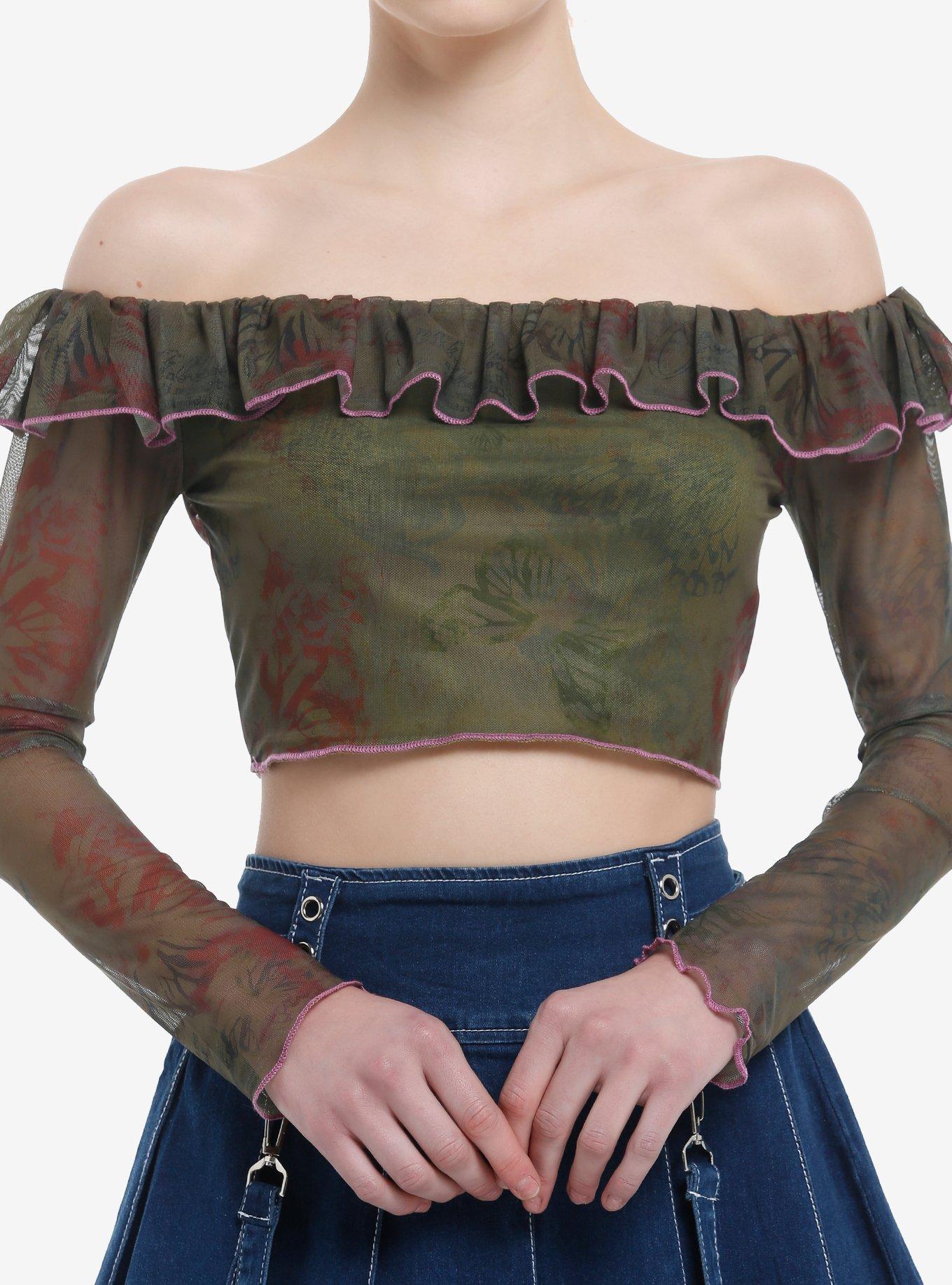 Grunge Butterfly Floral Off-The-Shoulder Crop Top, , hi-res