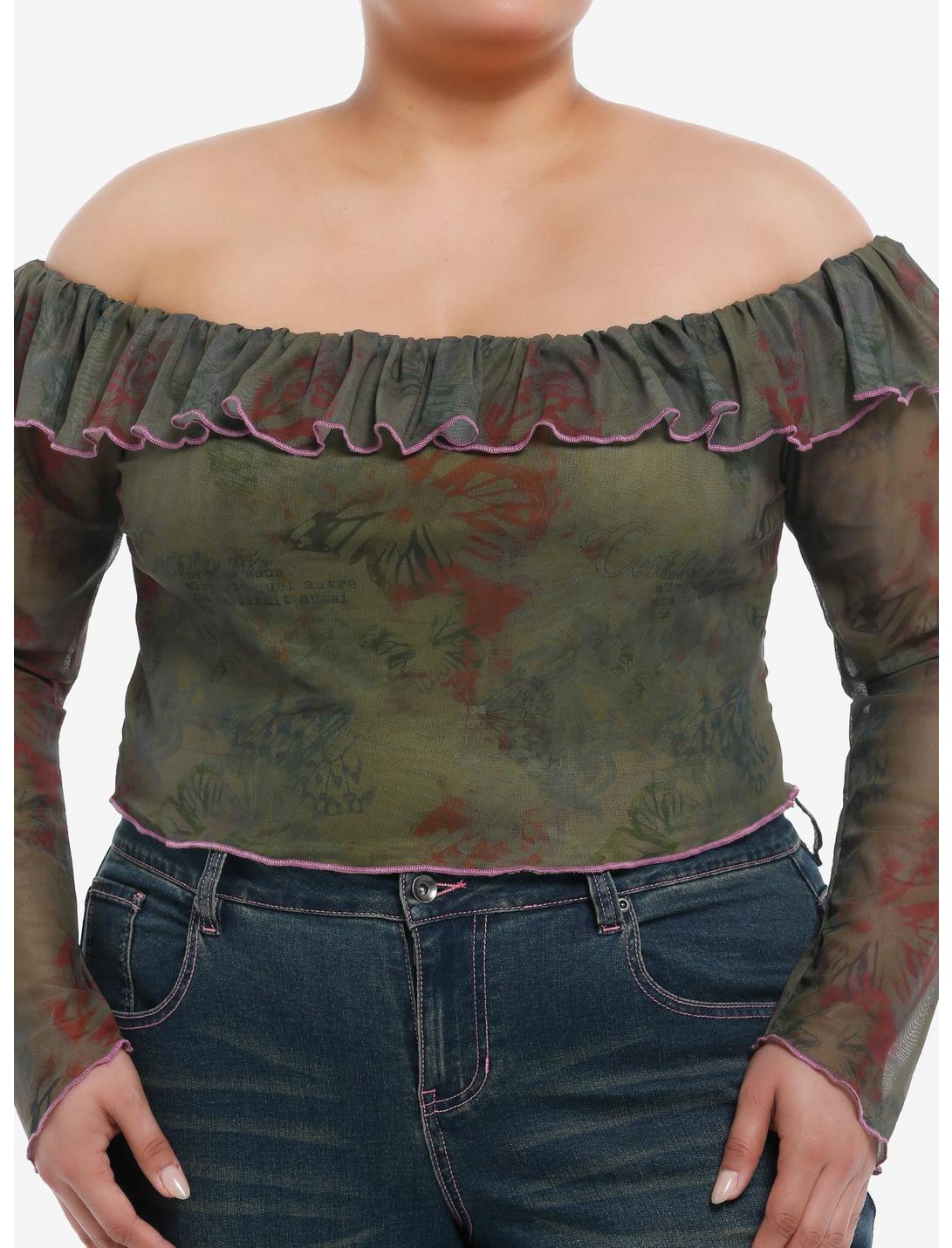 Grunge Butterfly Floral Off-The-Shoulder Crop Top Plus Size, GREEN, hi-res