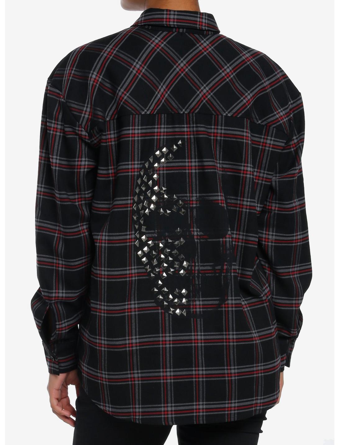 Social Collision Black & Red Plaid Skull Stud Girls Flannel Button-Up, RED, hi-res