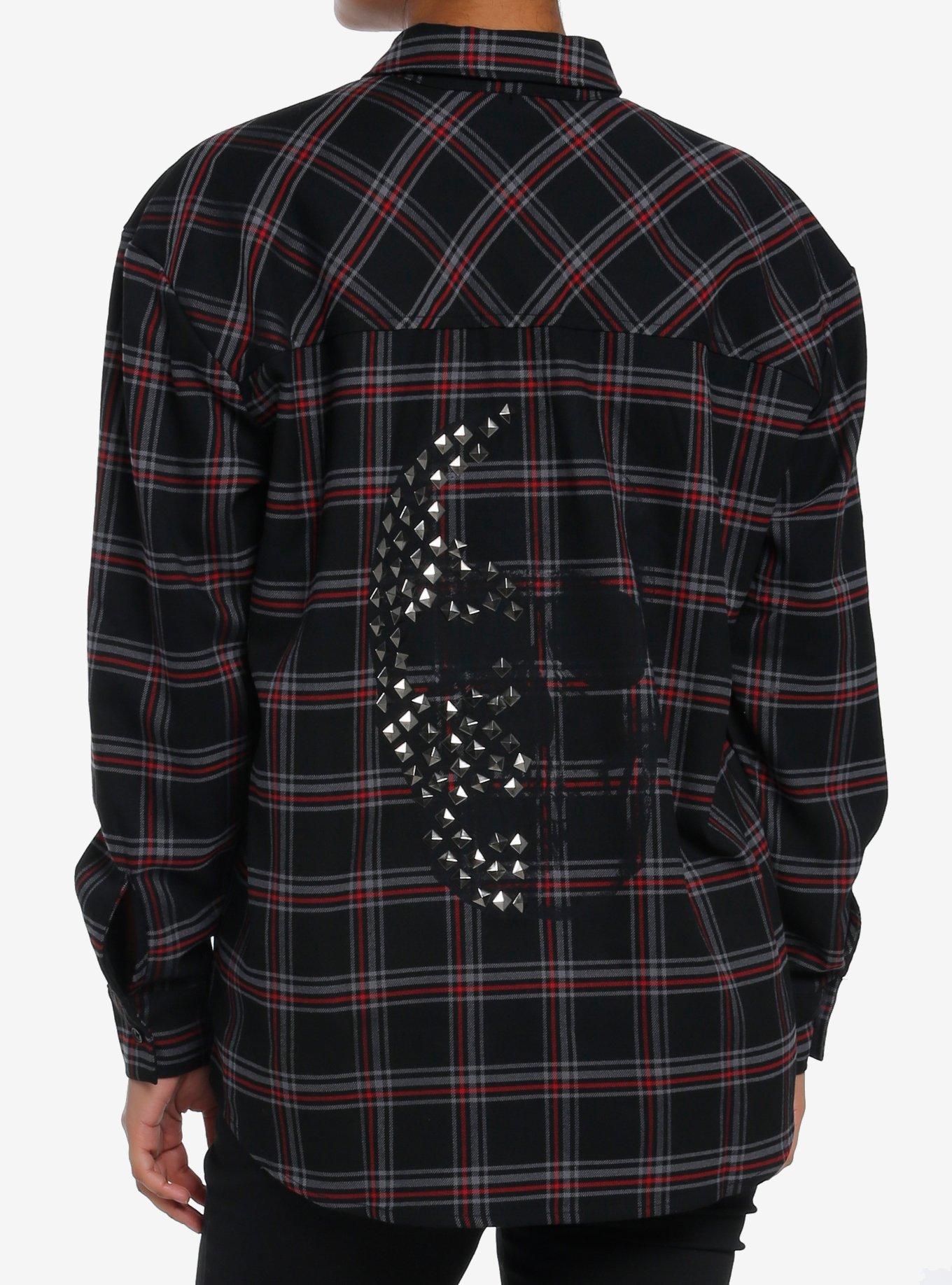 Social Collision Black & Red Plaid Skull Stud Girls Flannel Button-Up, RED, hi-res