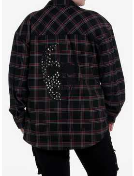Social Collision Black & Red Plaid Skull Stud Girls Flannel Button-Up Plus Size, , hi-res