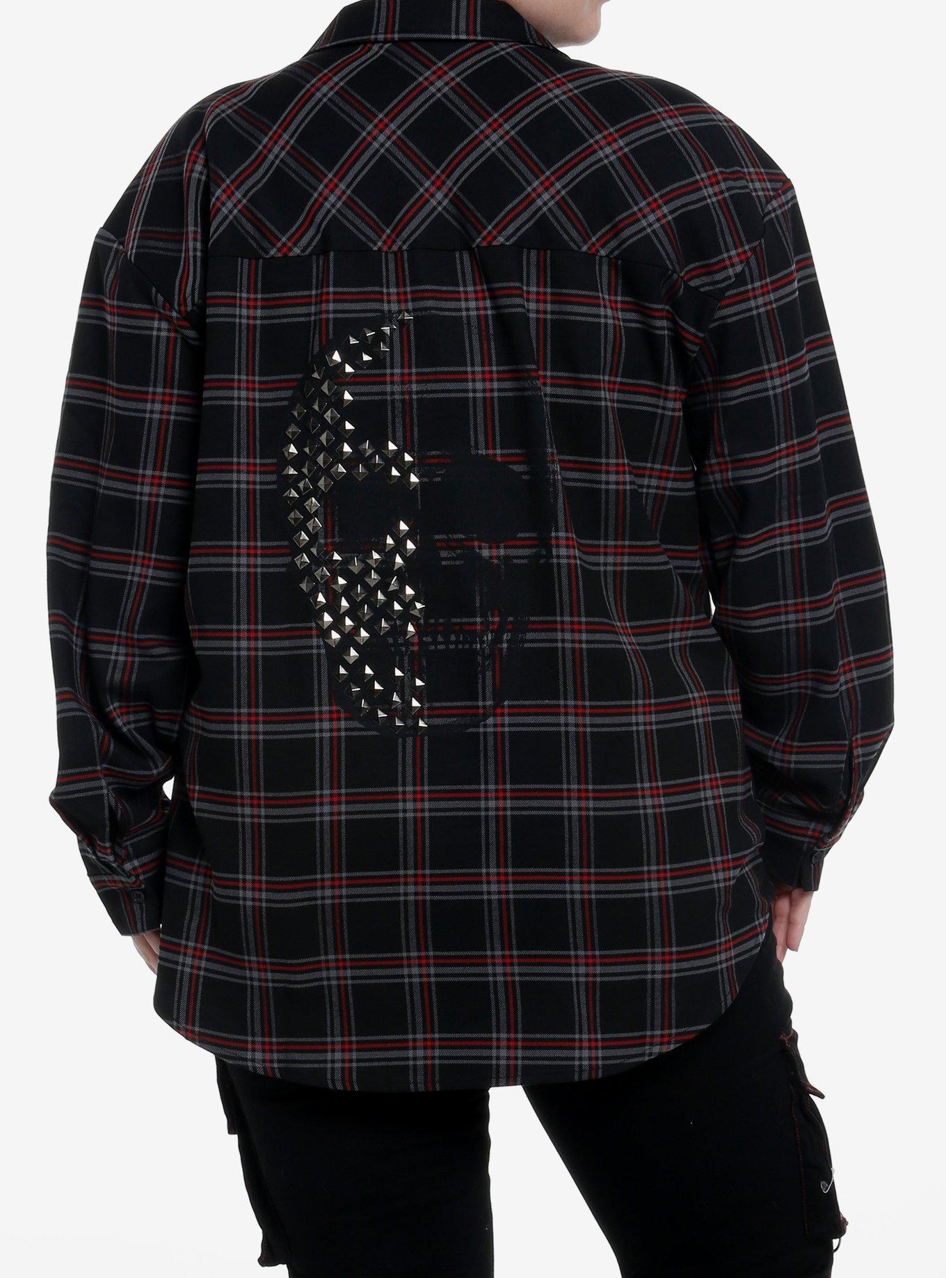 Social Collision Black & Red Plaid Skull Stud Girls Flannel Button-Up Plus Size, , hi-res
