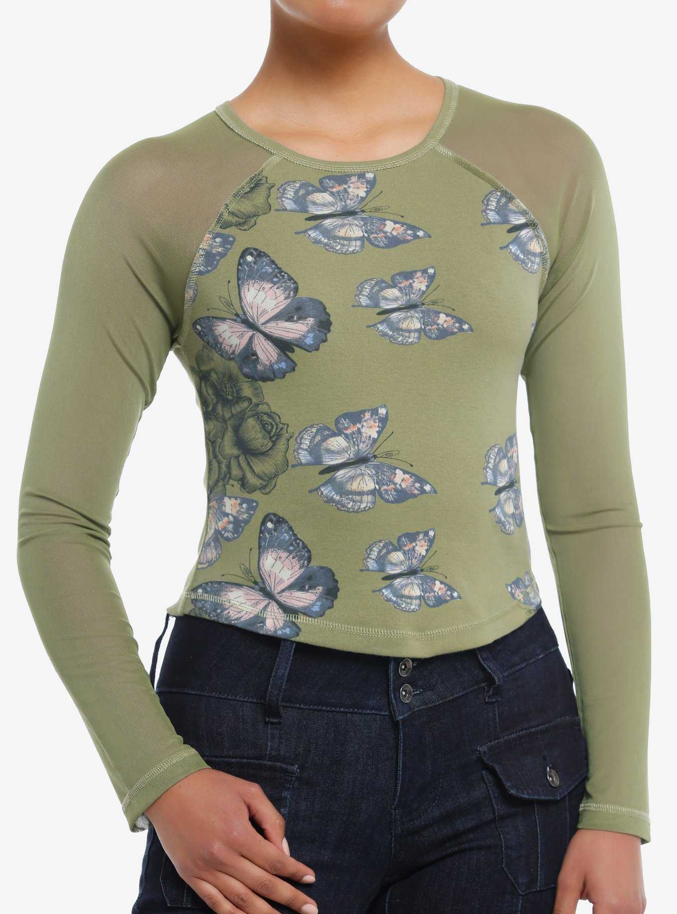 Thorn & Fable® Butterfly Mesh Panel Girls Long-Sleeve Top, , hi-res