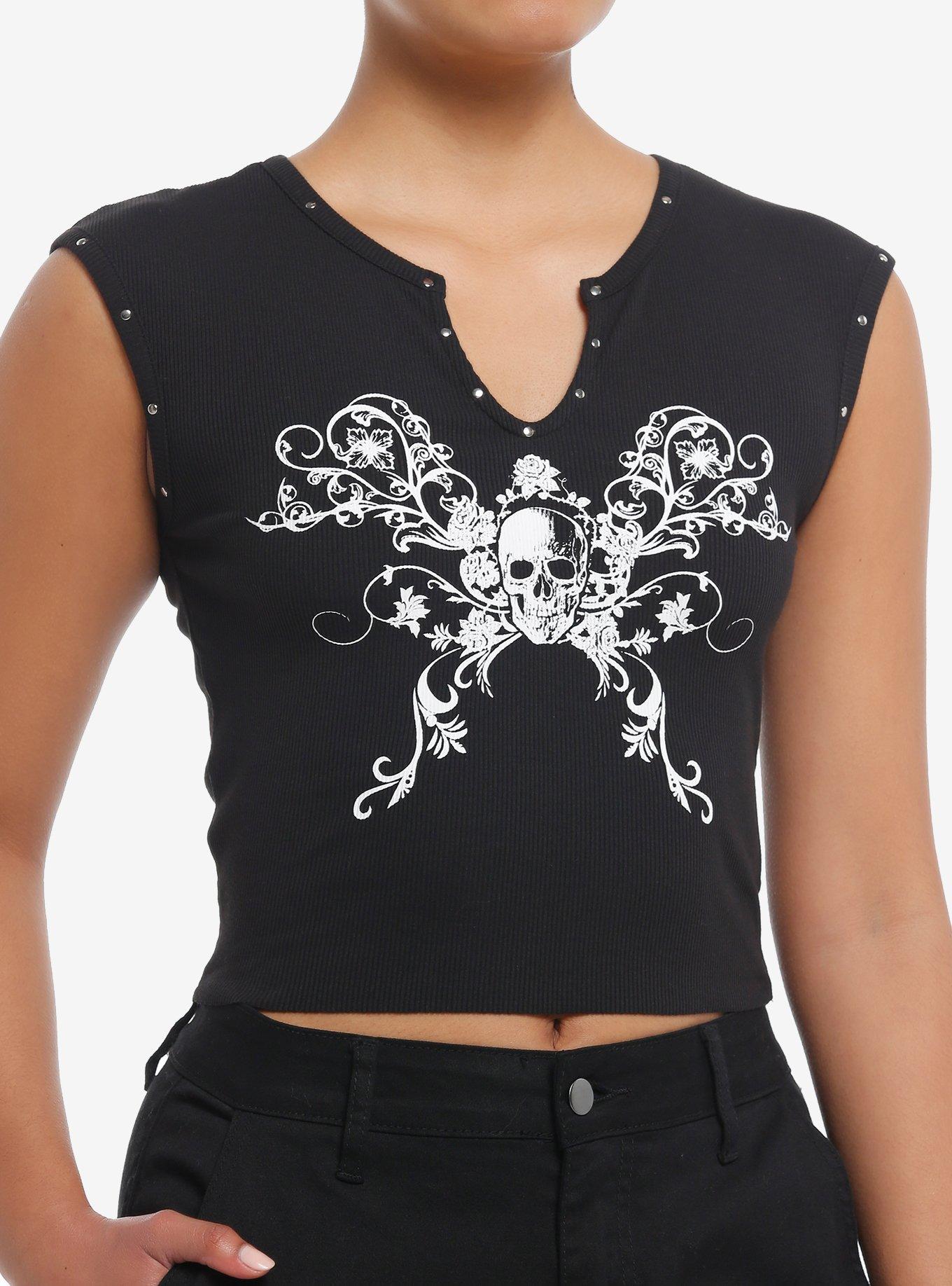 Social Collision® Skull Stud Ribbed Girls Crop Tank Top, , hi-res