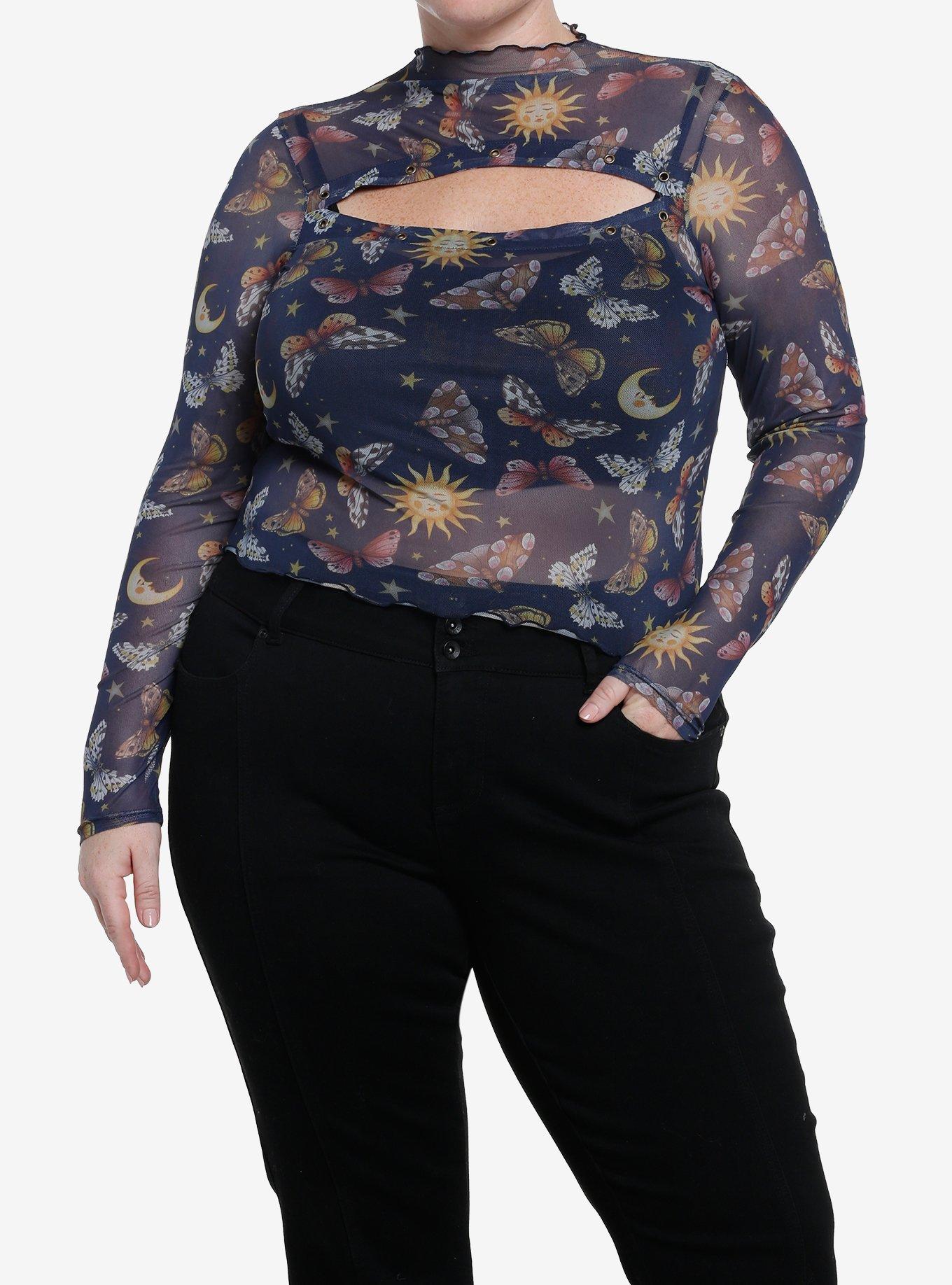 Cosmic Aura Celestial Butterfly Mesh Girls Long-Sleeve Top Plus Size, , hi-res