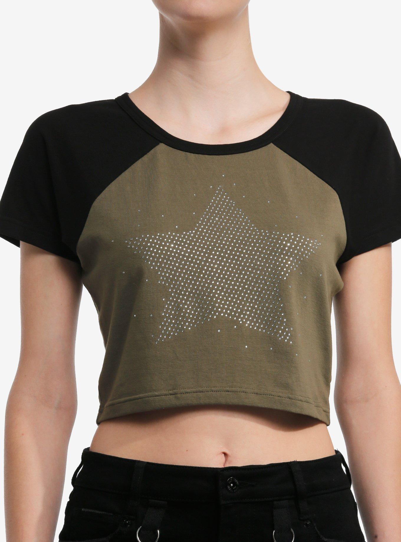 Star Rhinestone Dark Raglan Girls Crop T-Shirt, BLACK, hi-res
