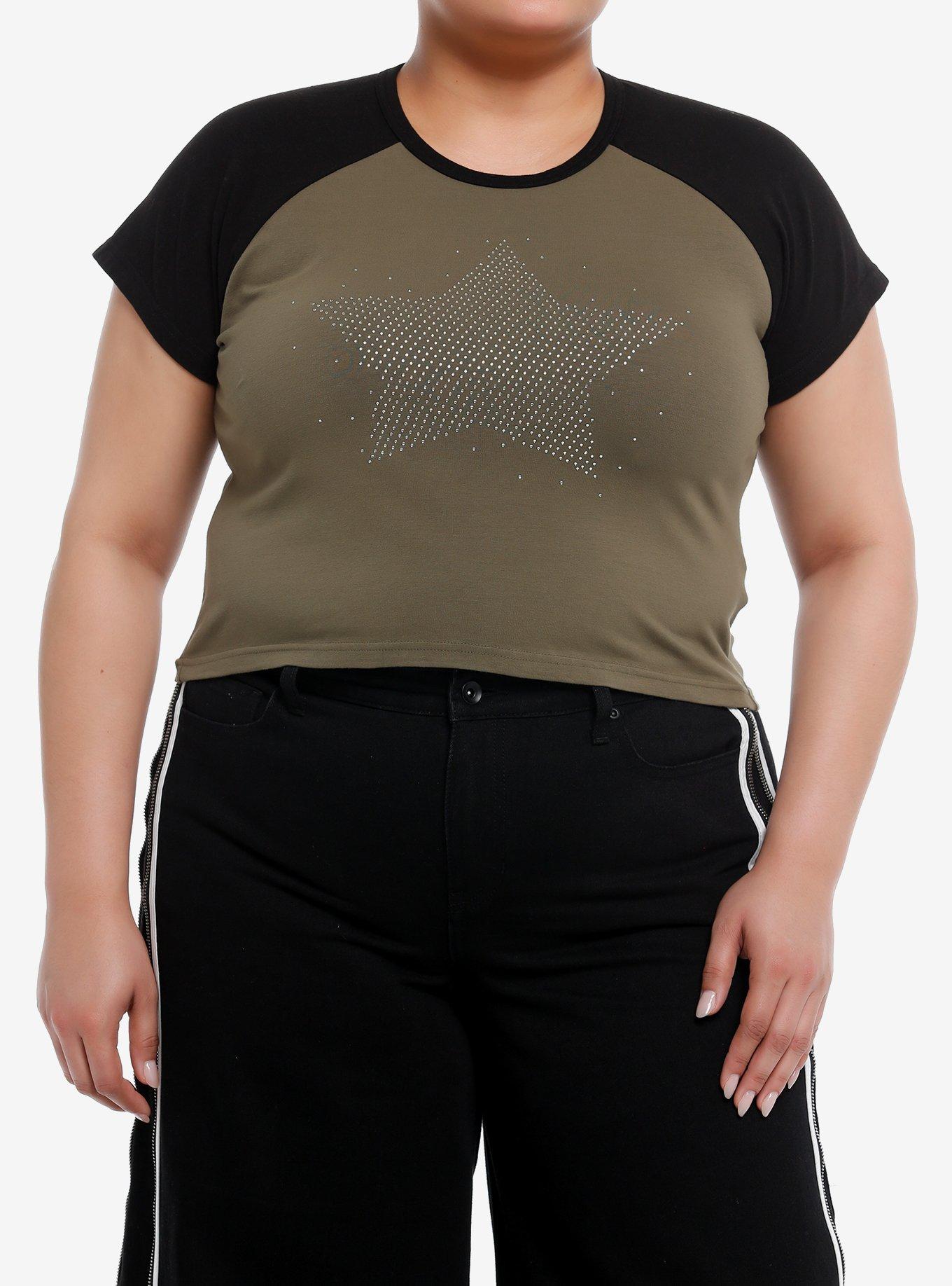 Star Rhinestone Dark Raglan Girls Crop T-Shirt Plus Size, BLACK, hi-res