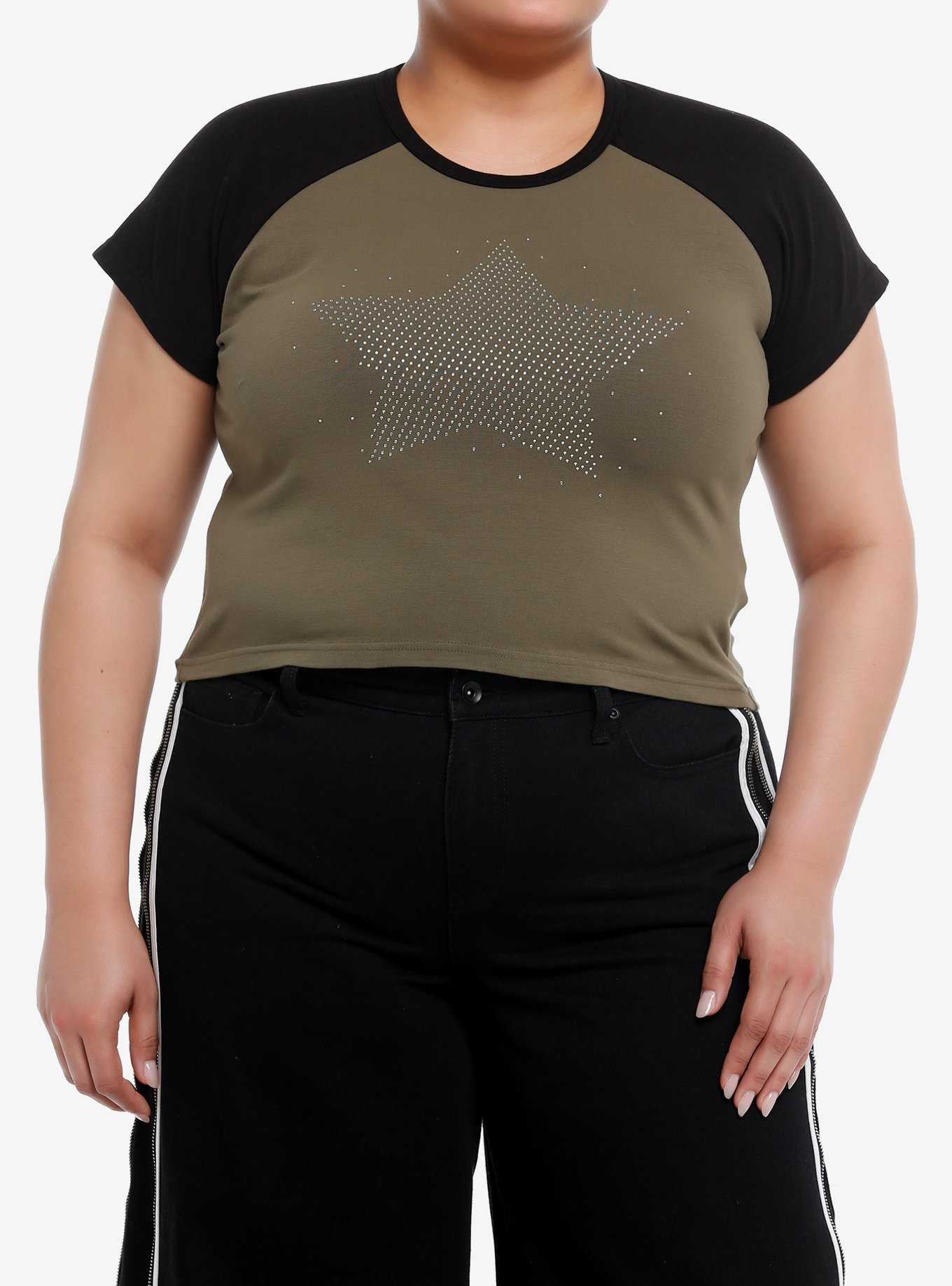 Star Rhinestone Dark Raglan Girls Crop T-Shirt Plus Size, , hi-res