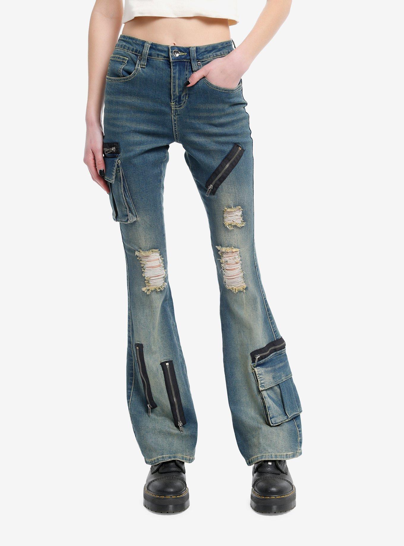 Destructed Zipper Flare Denim Pants, NAVY, hi-res