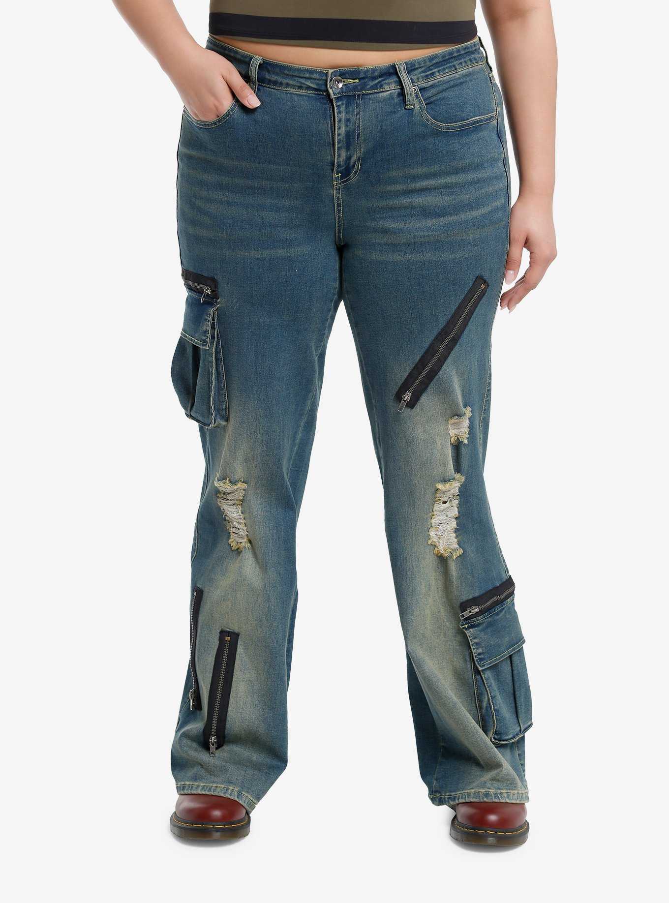 Destructed Zipper Flare Denim Pants Plus Size
