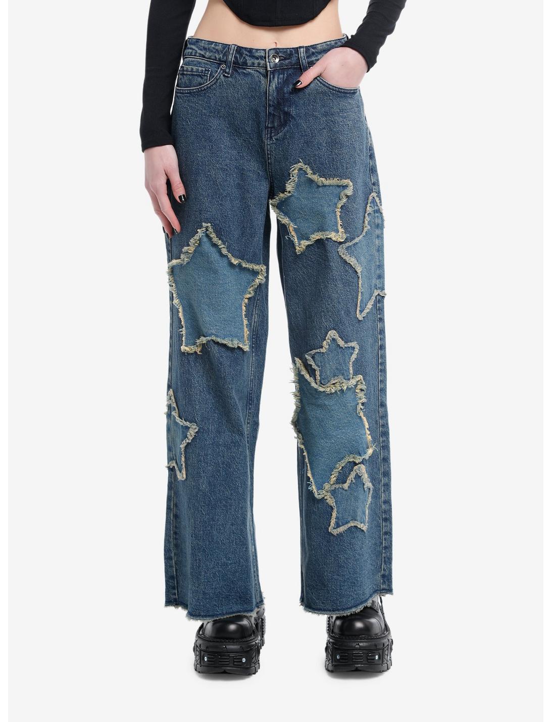 Social Collision Star Patch Wide Leg Denim Jeans, INDIGO, hi-res