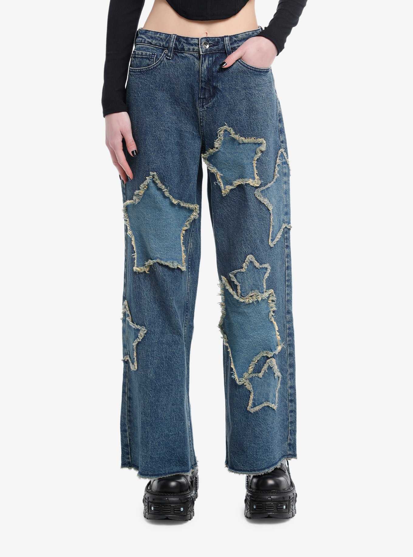 Social Collision Star Patch Wide Leg Denim Jeans, , hi-res