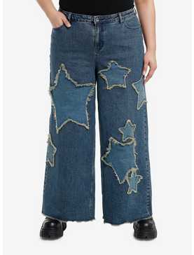 Social Collision Star Patch Wide Leg Denim Jeans Plus Size, , hi-res