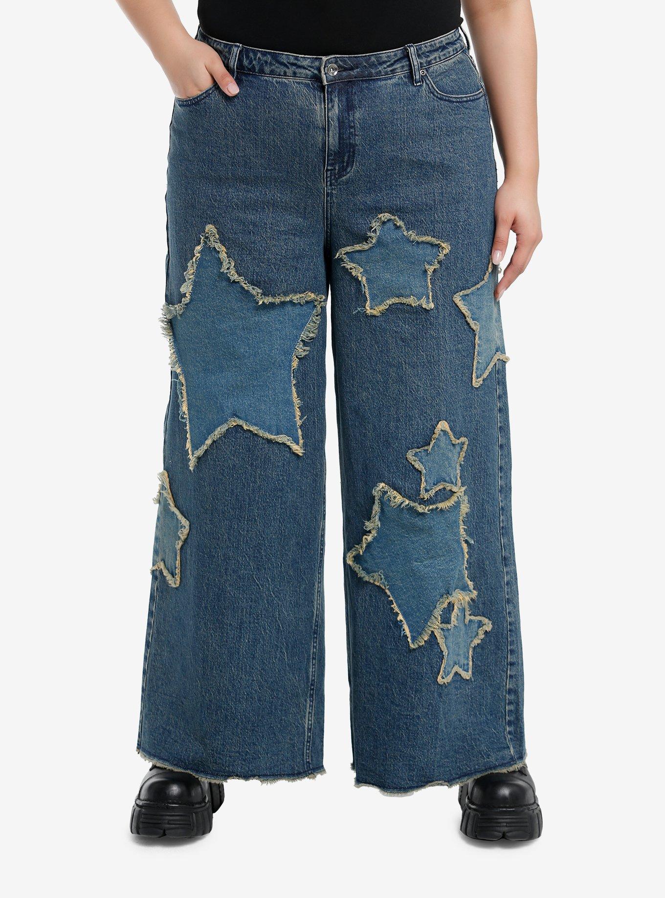 Social Collision Star Patch Wide Leg Denim Jeans Plus Size, INDIGO, hi-res