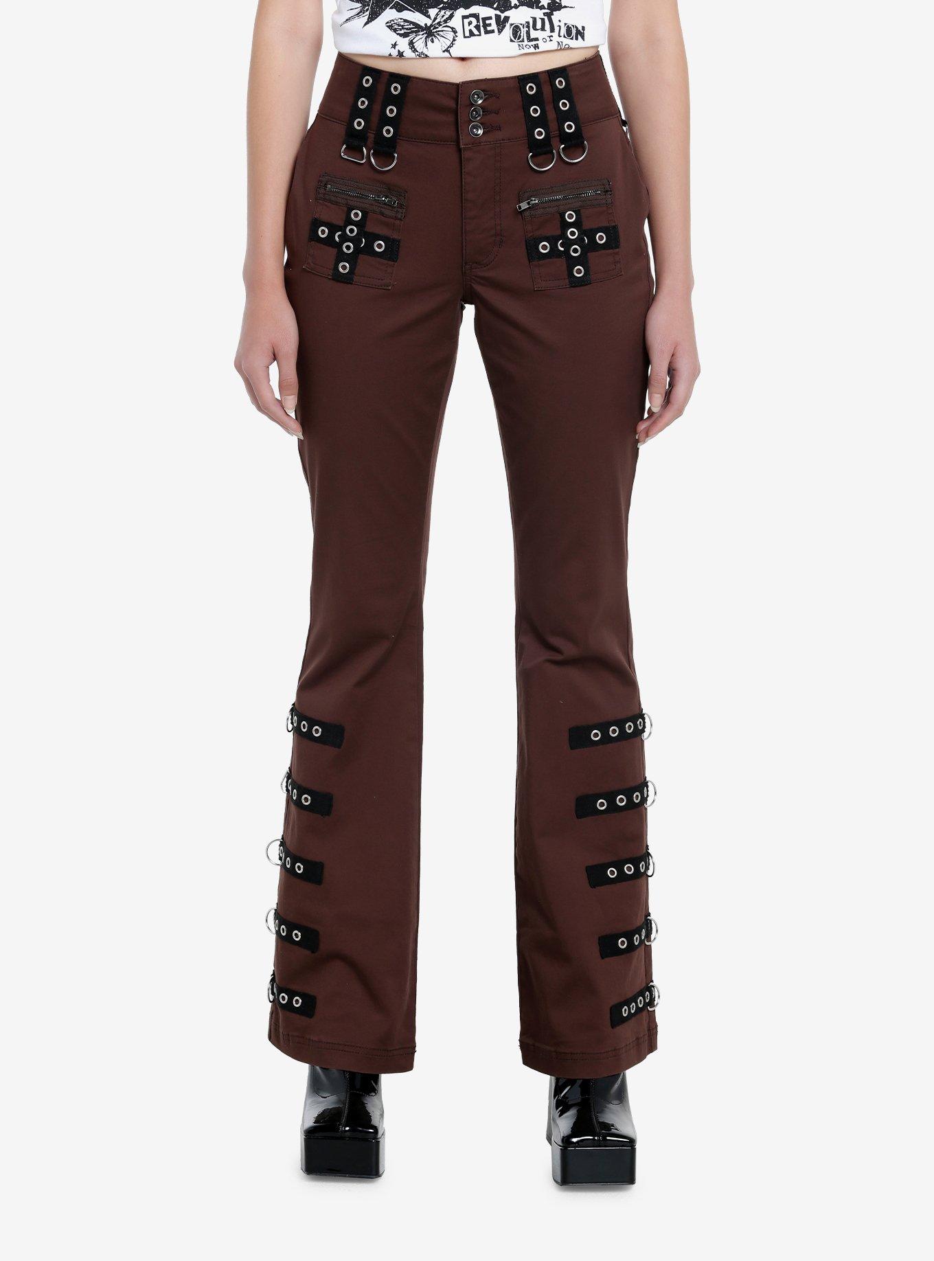 Social Collision Brown Contrast Grommet Strap Flare Pants, , hi-res