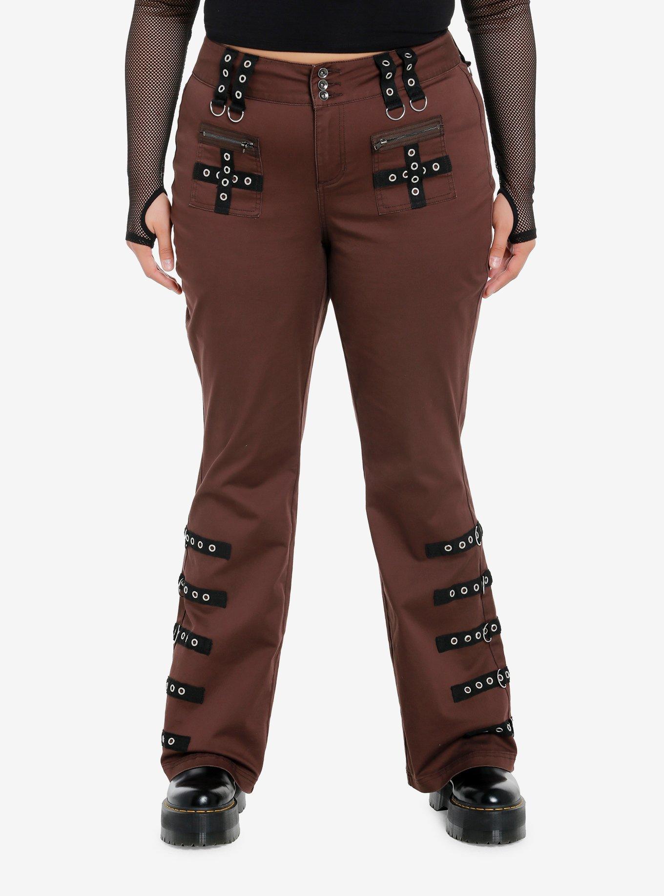 Brown Contrast Grommet Strap Flare Pants Plus Size, , hi-res