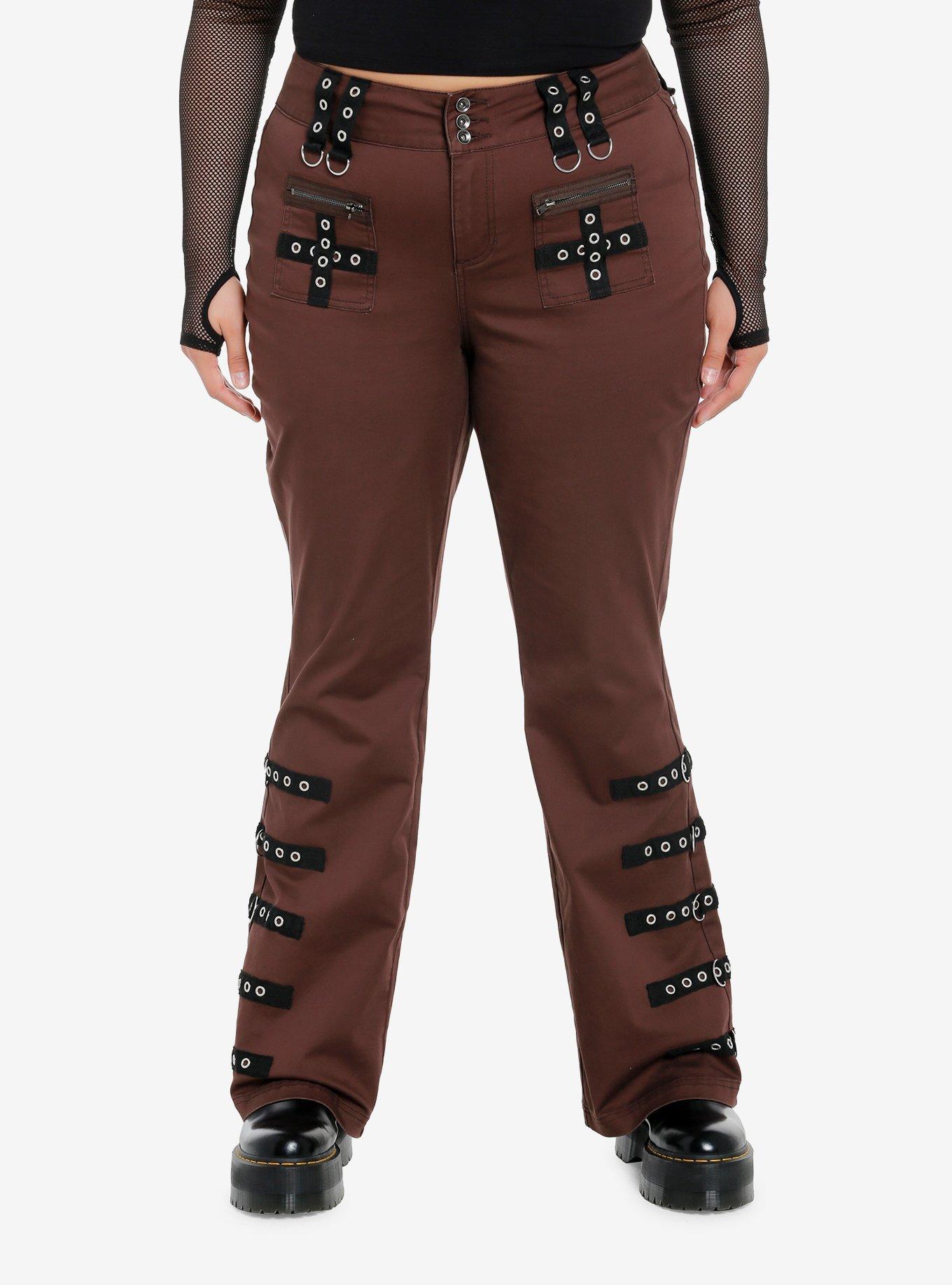 Social Collision Brown Contrast Grommet Strap Flare Pants Plus Size