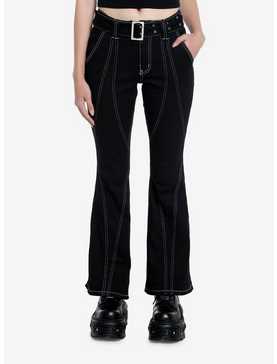 Social Collision Black & White Contrast Stitch Flare Pants With Belt, , hi-res