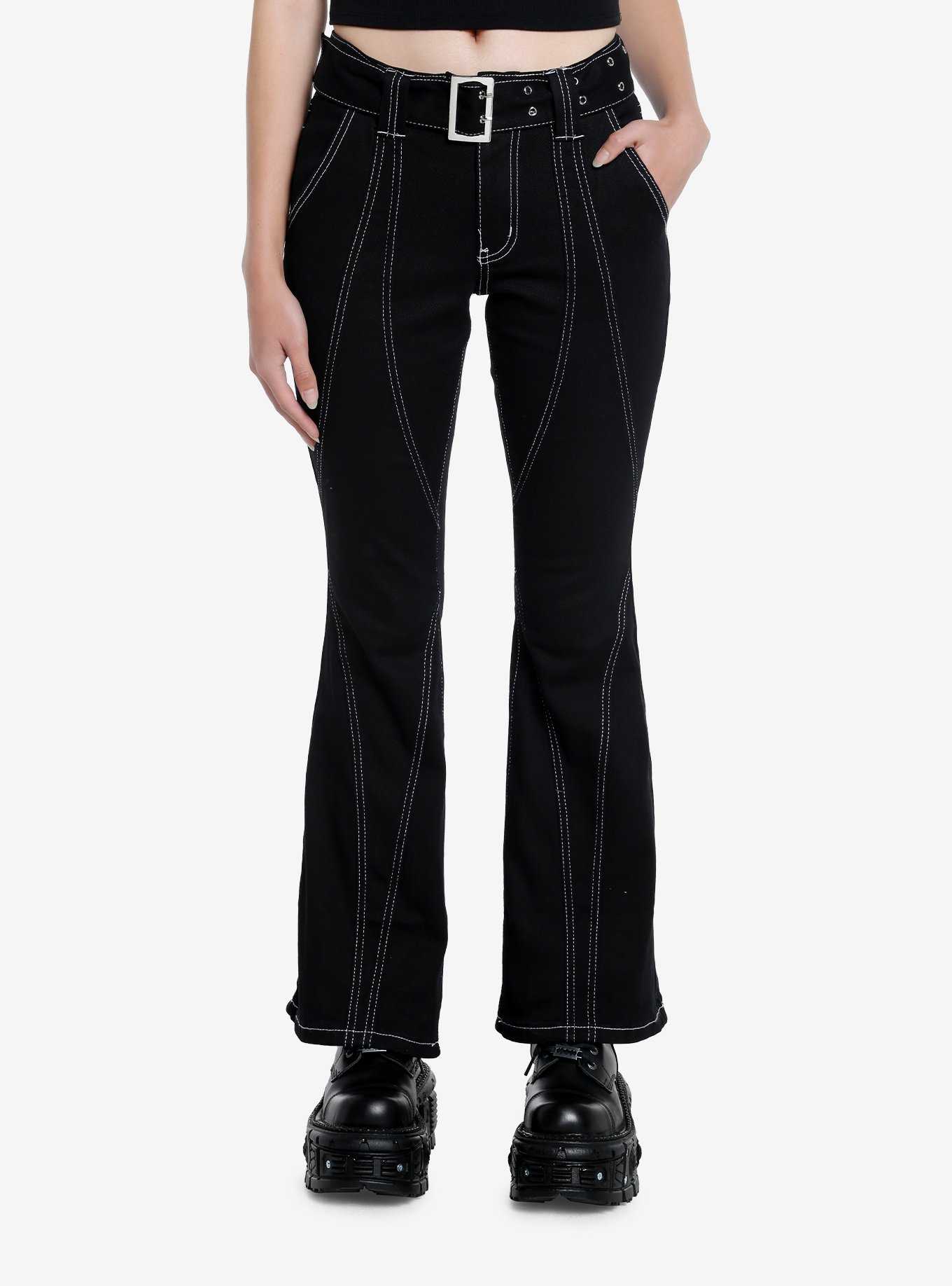 Social Collision Black & White Contrast Stitch Flare Pants With Belt, , hi-res